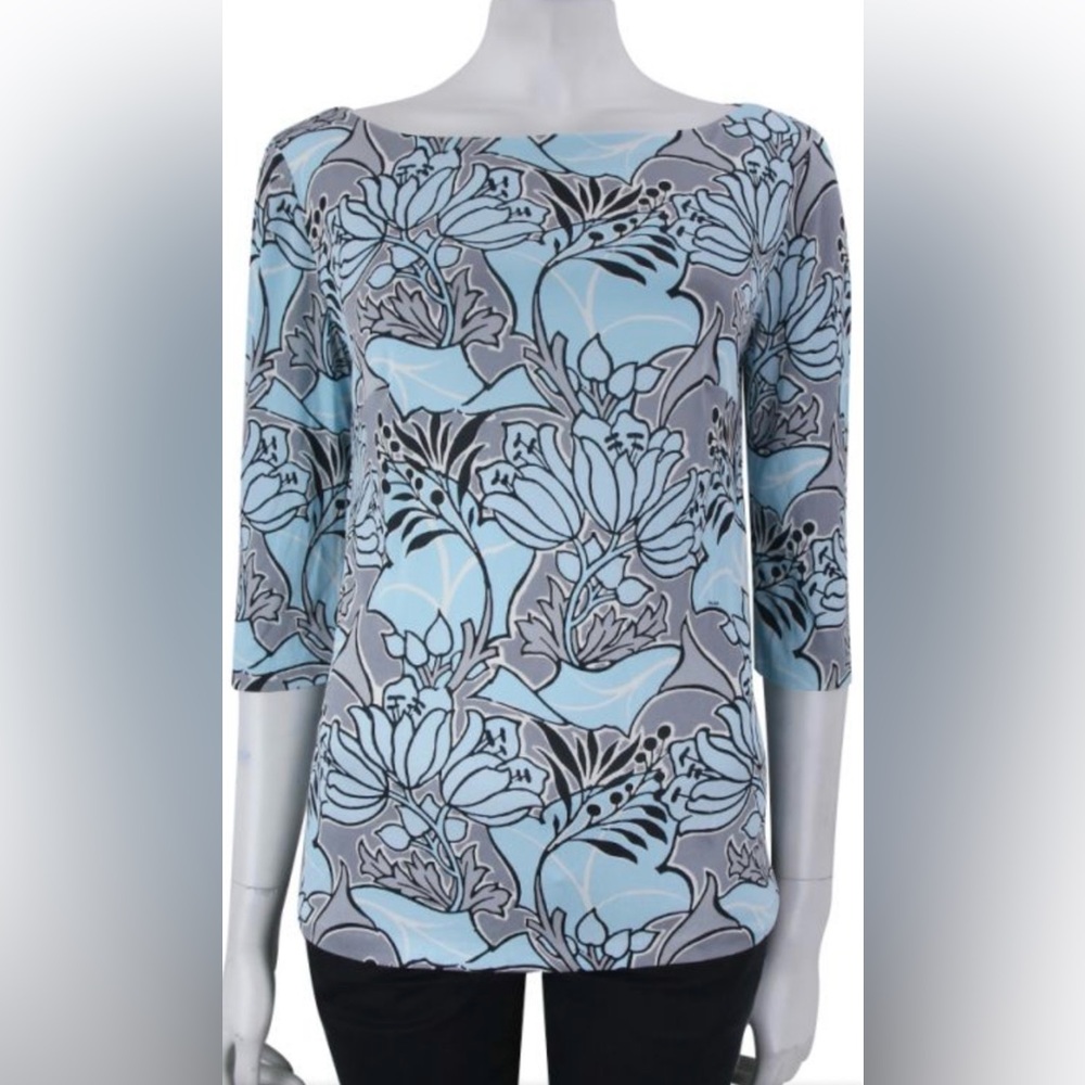Vintage Prada Blue and Gray Floral 100% Silk Blouse